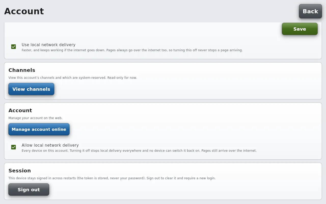 The Account screen of the desktop app: This device with the box Use local network delivery, Channels, Account with the box Allow local network delivery, and Session with Sign out.
