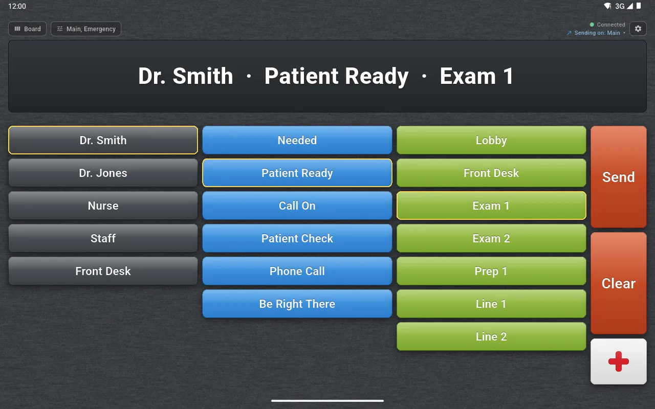 AltoSignal on an Android tablet in landscape with Dr. Smith, Patient Ready, and Exam 1 outlined in gold and the composed message shown across the top.