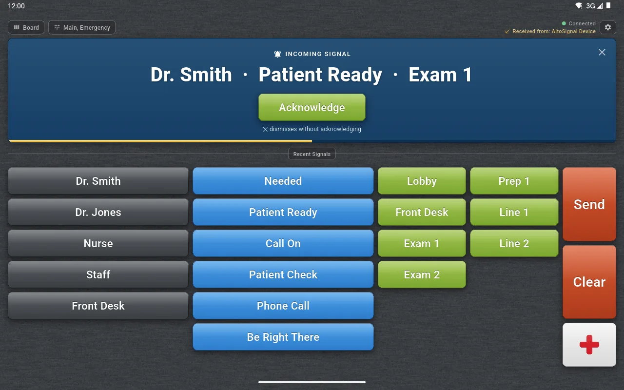 An Android tablet running AltoSignal dental paging, showing a blue full-width Incoming Signal banner reading Dr. Smith, Patient Ready, Exam 1, with a green Acknowledge button and a gold countdown bar.