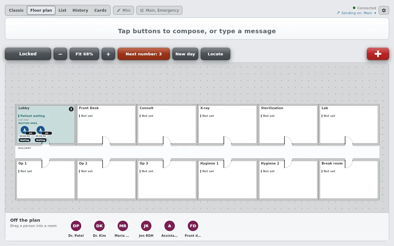The Floor plan on the desktop app with two patients seated in the Lobby, numbered 1 and 2, each with a Waiting pill and a running clock.