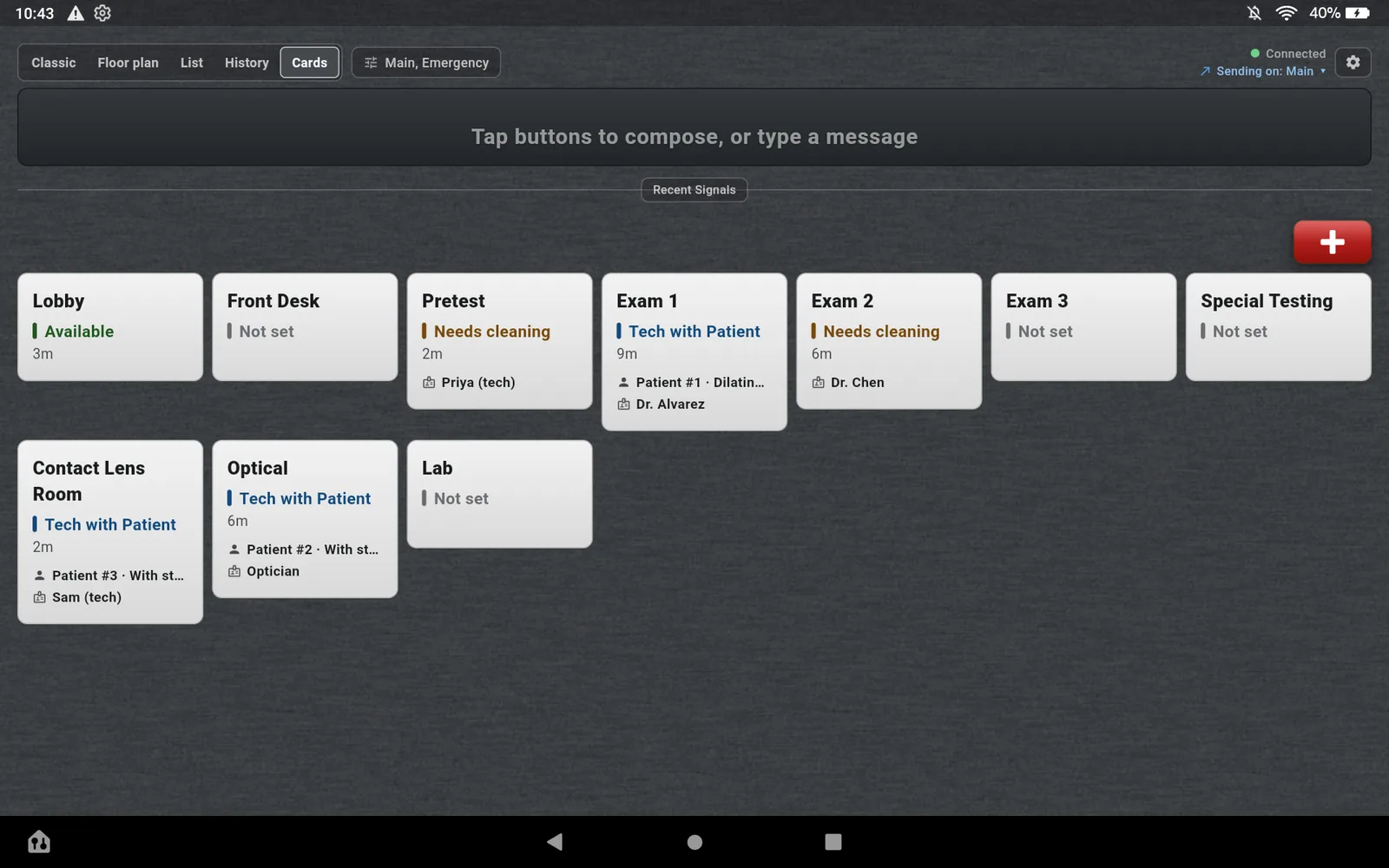 The Cards view on the Exam 1 Fire tablet: ten room cards including Lobby Available, Pretest Needs cleaning with Priya, Exam 1 Tech with Patient with patient 1 dilating and Dr. Alvarez, Exam 2 Needs cleaning with Dr. Chen, Contact Lens Room with patient 3 and Sam, and Optical with patient 2 and the optician.