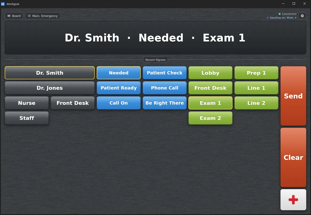 The same Windows board with Dr. Smith, Needed, and Exam 1 outlined in gold, and the composed message Dr. Smith, Needed, Exam 1 shown in large text at the top.