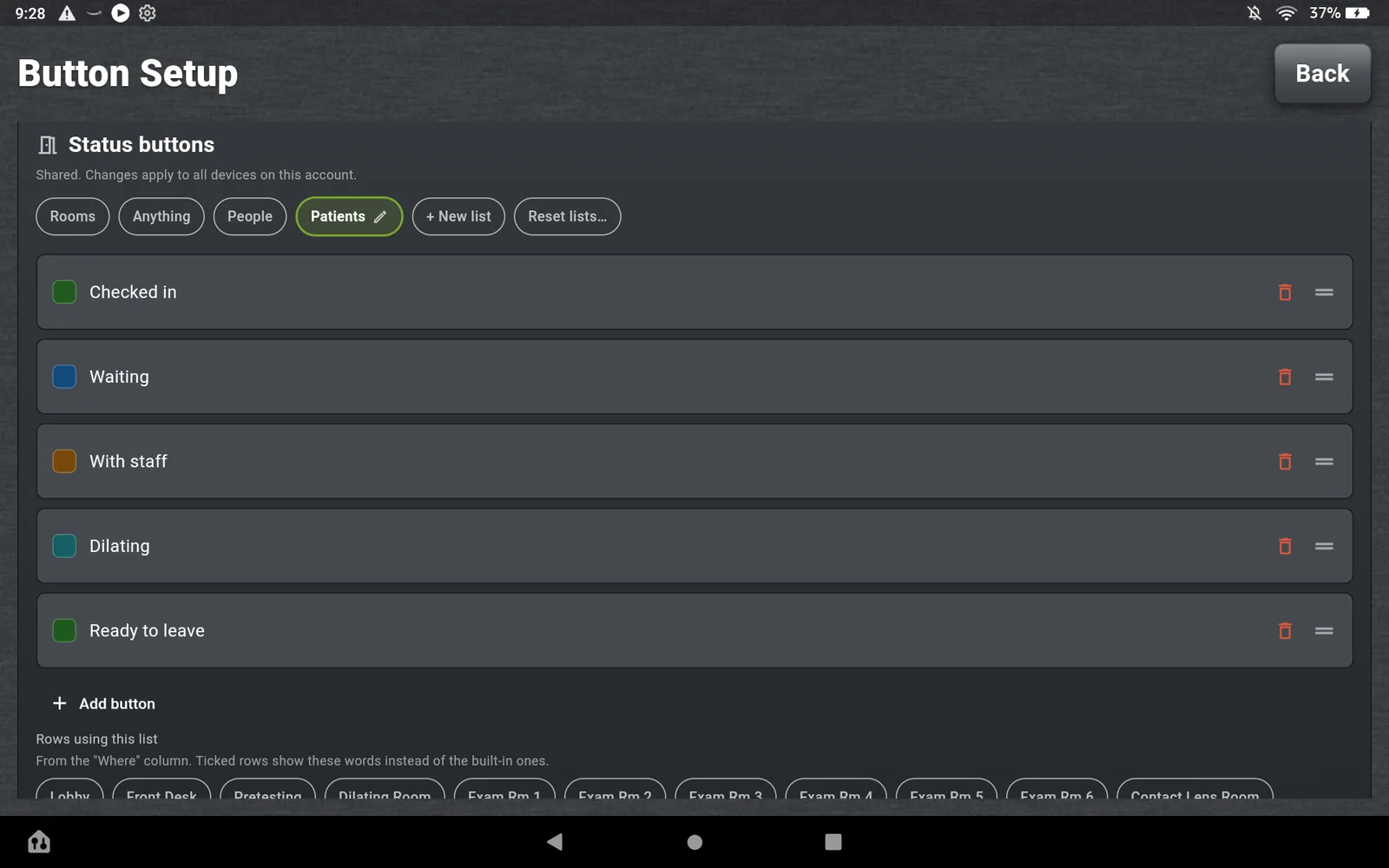 Button Setup on the Fire HD 10, the Status buttons card: chips for the Rooms, Anything, People and Patients lists, New list and Reset lists. The Patients list is open with Checked in, Waiting, With staff, Dilating and Ready to leave, each with a color swatch, and below it the Where rows that use this list.