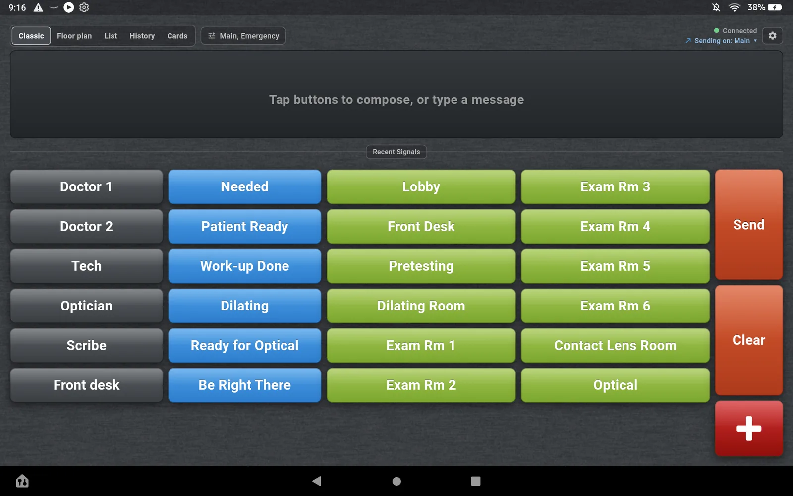 The Classic view on the Fire HD 10: three columns of buttons for who, what and where, with Send and Clear at the right and the red emergency cross below them.