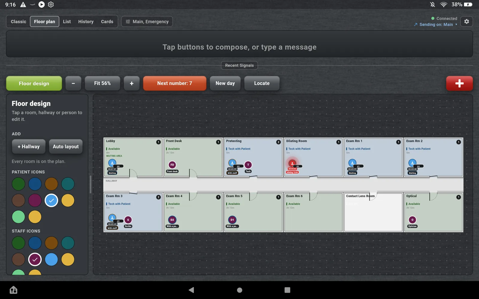 Floor design mode on the Fire HD 10: the bar button reads Floor design in green, and the pane offers Add Hallway, Auto layout, the note Every room is on the plan, and two rows of colored circles for patient icons and staff icons.
