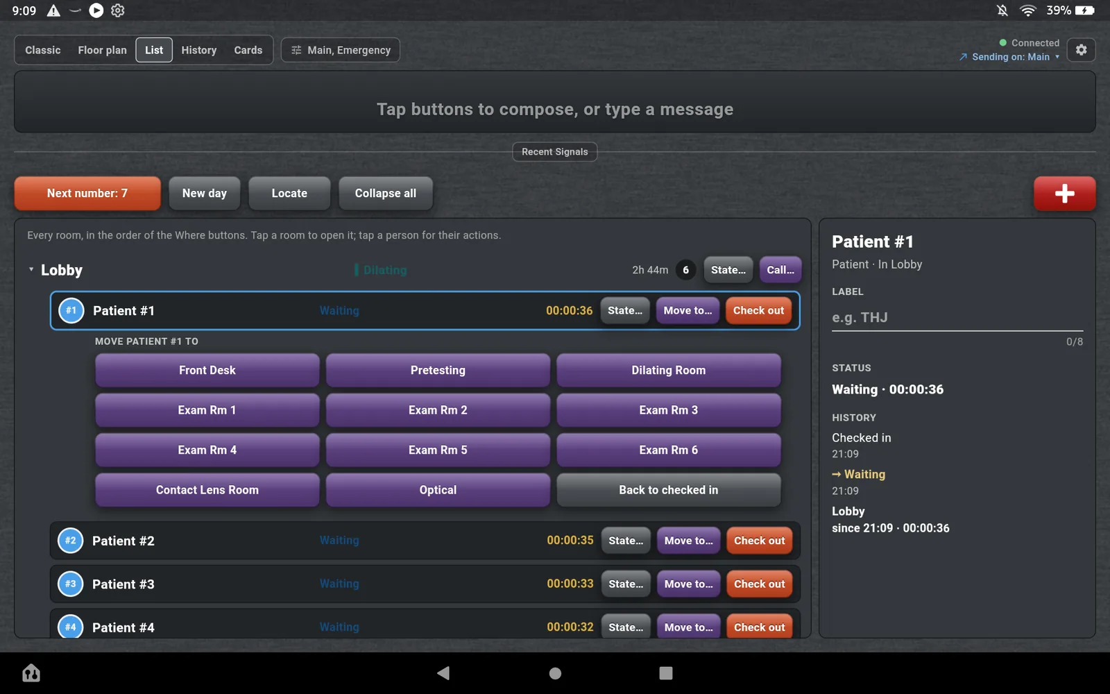 The List view after pressing Move to on Patient 1: a grid of purple room chips reading Front Desk, Pretesting, Dilating Room, Exam Rm 1 to 6, Contact Lens Room and Optical, with Back to checked in. The pane at the right shows Patient 1 checked in at 21:09, Waiting, in the Lobby.