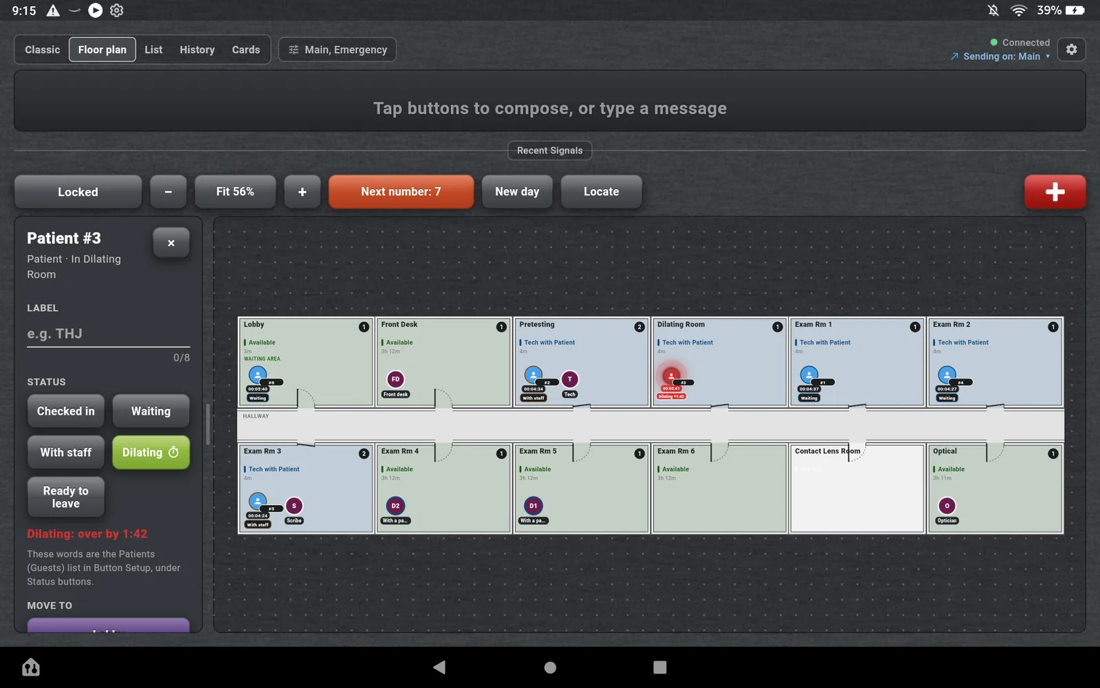 The Floor plan with Patient 3 selected. The pane at the left shows the patient's label field, status buttons Checked in, Waiting, With staff, Dilating with a timer glyph and Ready to leave, the line Dilating over by 1:42 in red, and Move to buttons.