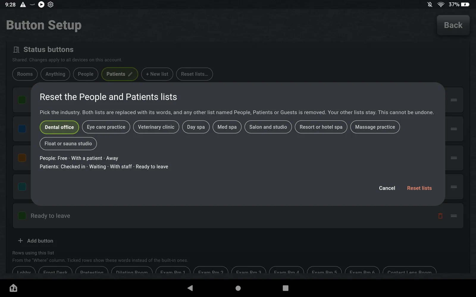 The Reset lists dialog: Reset the People and Patients lists. Pick the industry: Dental office, Eye care practice, Veterinary clinic, Day spa, Med spa, Salon and studio, Resort or hotel spa, Massage practice, Float or sauna studio. Below, the words each preset installs: People: Free, With a patient, Away. Patients: Checked in, Waiting, With staff, Ready to leave.