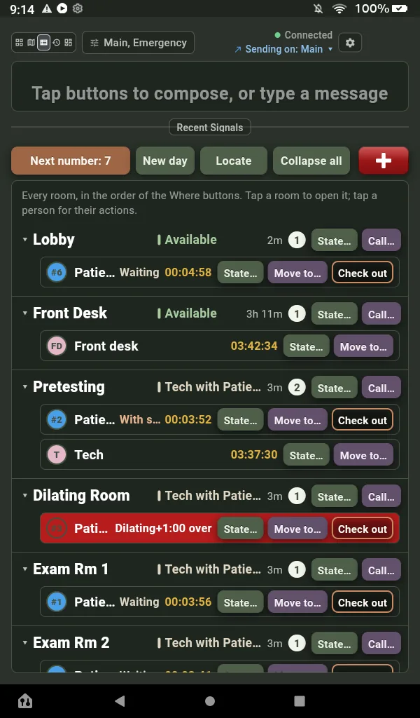 The List view on an upright Fire 7: rooms as headings with their state, age and a count, and patients and staff indented under them with State, Move to and Check out buttons. Patient 3's row is red, reading Dilating plus 1:00 over.