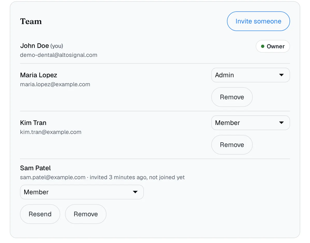 The Team card on the account page: John Doe, Owner; Maria Lopez, Admin; Kim Tran, Member; Sam Patel, Member, invited 3 minutes ago, not joined yet, with Resend and Remove buttons. An Invite someone button is at the top right.